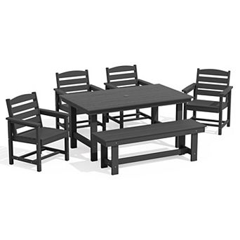 HDPE Patio Dining Table Sets with Umbrella Hole - 1-Table 4-Chairs-1-Bench