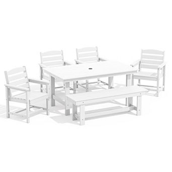 HDPE Patio Dining Table Sets with Umbrella Hole - 1-Table 4-Chairs-1-Bench