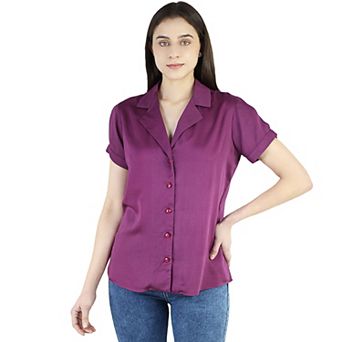 Women's Silk Button Down Shirts Short Sleeve V-Neck Satin Blouse Work Top
