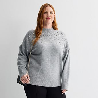 Plus Size Nine West Mock Neck Embellished Sweater