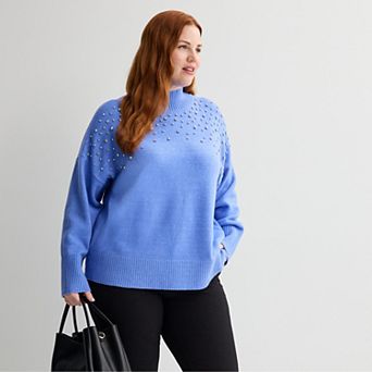 Plus Size Nine West Mock Neck Embellished Sweater