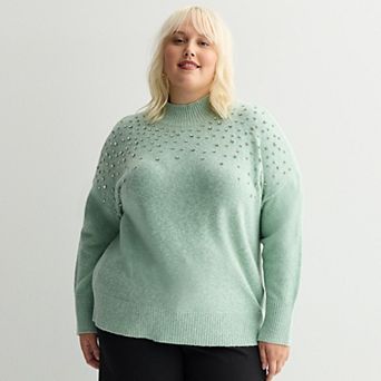 Plus Size Nine West Mock Neck Embellished Sweater