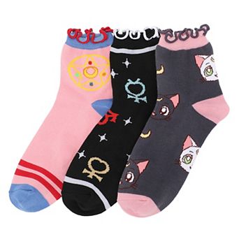 Women's 3-Pack Sailor Moon Crystal Star, Luna, & Artemis Quarter Crew Socks