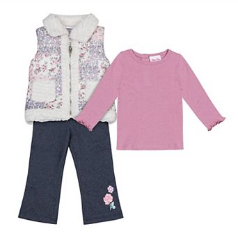 Baby & Toddler Little Lass 3 pc Puffer Vest, Top & Pants Set