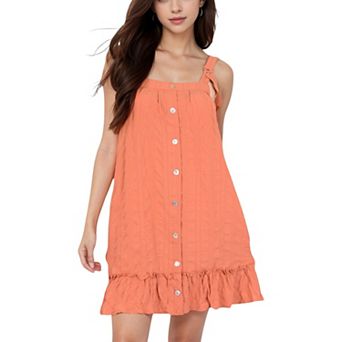 Women's Ruffled Button-Down Mini Dress with Adjustable Straps and Textured Fabric