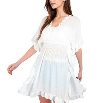 Women's Flutter Sleeve Dress with Crochet Trim V-Neck and Smocked Waist