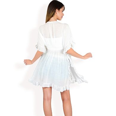 Women's Flutter Sleeve Dress with Crochet Trim V-Neck and Smocked Waist
