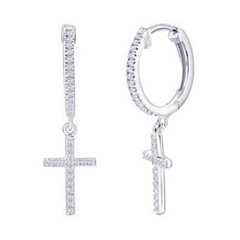 Divine Gold Sterling Silver 1/10 Carat T.W. Diamond Cross Charm Huggie Earrings