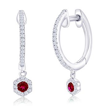 Divine Gold Sterling Silver Lab-Created Gemstone & 1/6 Carat T.W. Diamond Hexagon Hoop Earrings