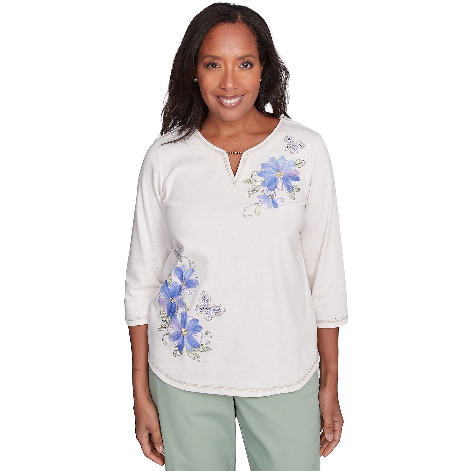 Alfred Dunner Women's Asymmetric Floral Pullover Blouse – Embroidered Crewneck Top - View #10