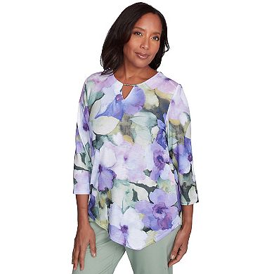 Women's Alfred Dunner Dramatic Pansies Print Keyhole Top