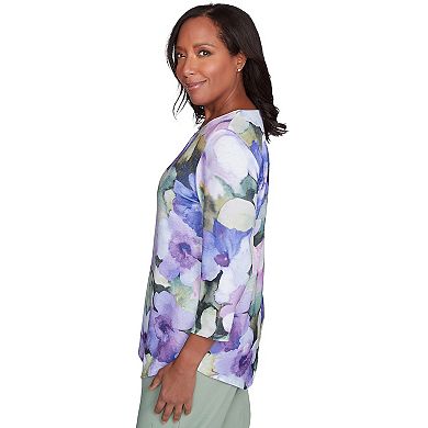 Women's Alfred Dunner Dramatic Pansies Print Keyhole Top