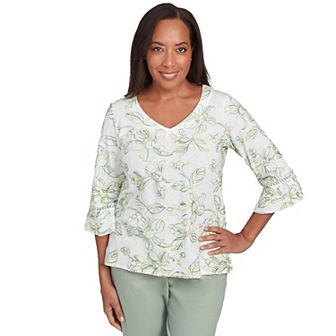 Women's Alfred Dunner Embroidered Floral Vines Cotton Top with Bell Sleeves