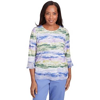 Women's Alfred Dunner Watercolor Biadere Striped Top with 3/4 Sleeve and Ruffle Hem