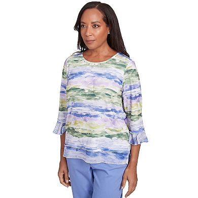 Women's Alfred Dunner Watercolor Biadere Striped Top with 3/4 Sleeve and Ruffle Hem