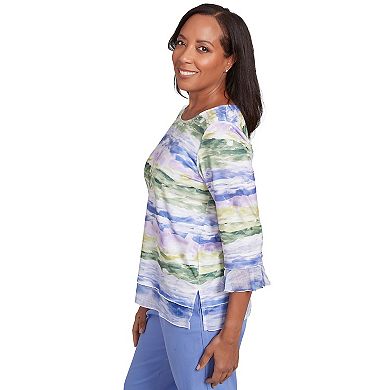 Women's Alfred Dunner Watercolor Biadere Striped Top with 3/4 Sleeve and Ruffle Hem