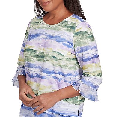 Women's Alfred Dunner Watercolor Biadere Striped Top with 3/4 Sleeve and Ruffle Hem