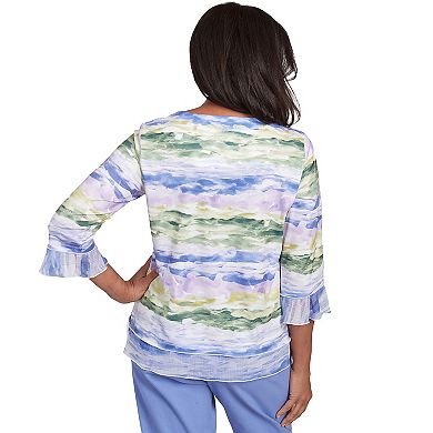 Women's Alfred Dunner Watercolor Biadere Striped Top with 3/4 Sleeve and Ruffle Hem