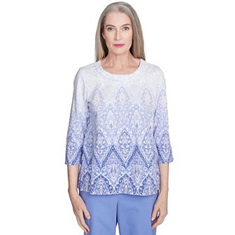 Women's Alfred Dunner Ombre Medallion Printed Three-Quarter Sleeve Top