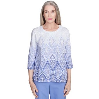 Women's Alfred Dunner Ombre Medallion Printed Three-Quarter Sleeve Top