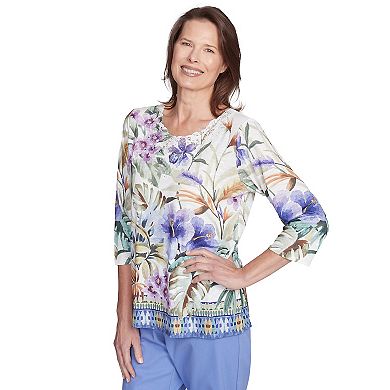 Women's Alfred Dunner Tropical Floral Border Top with 3/4 Sleeves