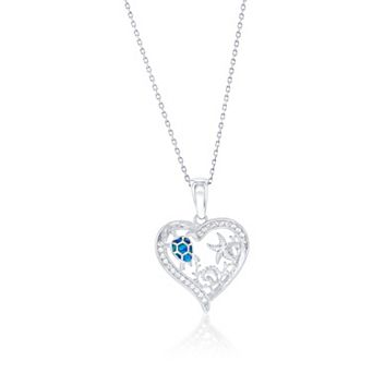 Nautica Rocks Sterling Silver Cubic Zirconia Heart & Blue Opal Turtle Ocean Life Pendant Necklace
