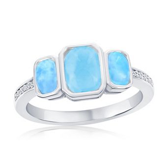 Nautica Rocks Sterling Silver Rectangle Larimar & Cubic Zirconia Ring
