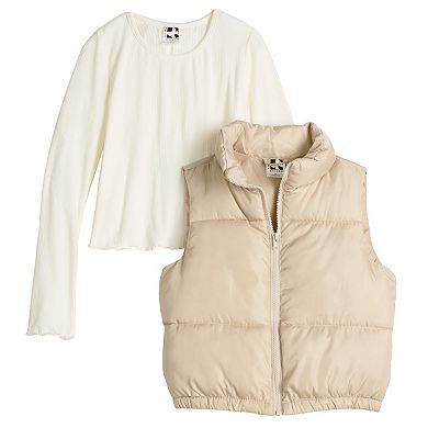 Girls 7-16 Self Esteem Puffer Vest with Long Sleeve Tee