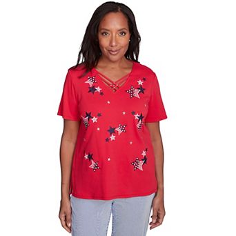 Women's Alfred Dunner Embroidered Stars Criss-Cross V-Neck Tee