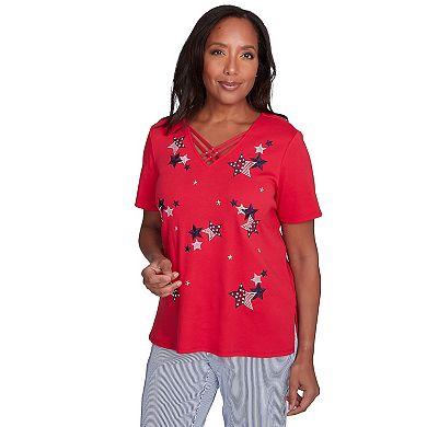 Women's Alfred Dunner Embroidered Stars Criss-Cross V-Neck Tee