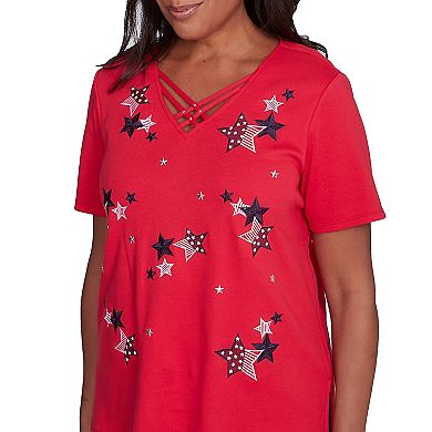 Women's Alfred Dunner Embroidered Stars Criss-Cross V-Neck Tee