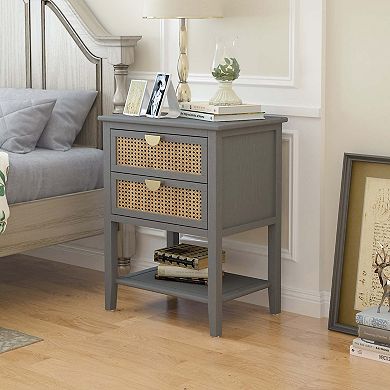 Mondawe Double Drawer Side Table,Airiness And Insect Resistance Natural Rattan End Table