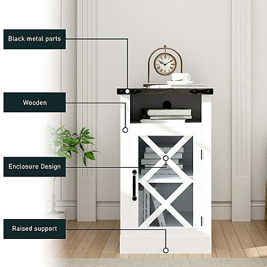 Mondawe Farmhouse Wooden Sofa Side Table,Bedside Table With Barn Door And Adjustable Shelf