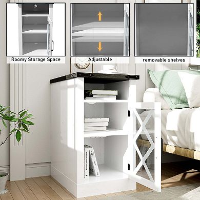 Mondawe Farmhouse Wooden Sofa Side Table,Bedside Table With Barn Door And Adjustable Shelf