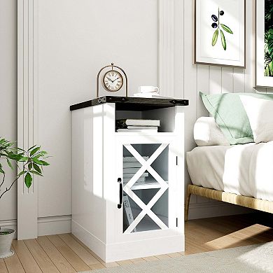 Mondawe Farmhouse Wooden Sofa Side Table,Bedside Table With Barn Door And Adjustable Shelf