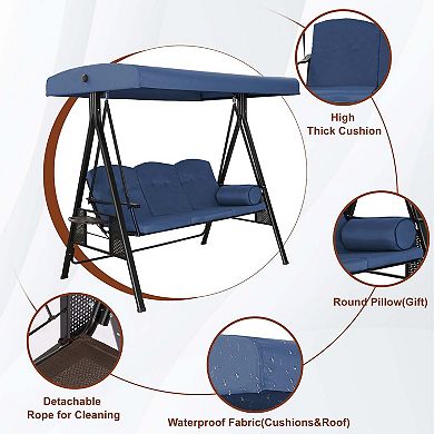 Mondawe Steel 3 Person Outdoor Canopy Swing Patio Swing with Removable Mat and Convertible Canopy