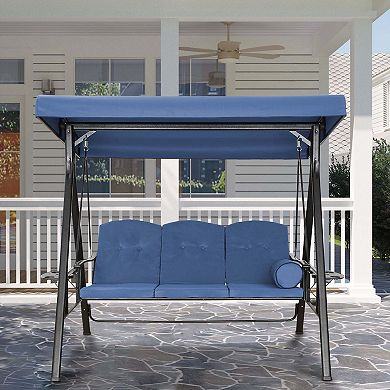 Mondawe Steel 3 Person Outdoor Canopy Swing Patio Swing with Removable Mat and Convertible Canopy