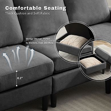 High-Legged Linen Reversible Sofa with a Storable Ottoman