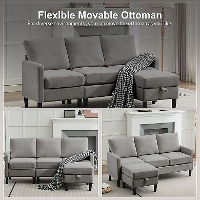 High-Legged Linen Reversible Sofa with a Storable Ottoman