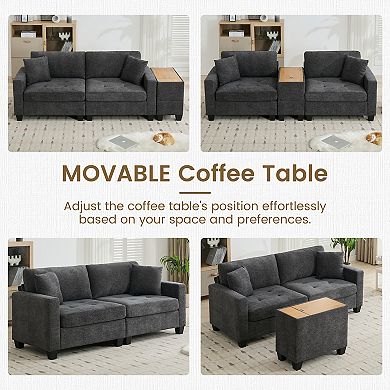 Chenille Sectional Sofa with Movable Console Table, Removable Cushions & Throw Pillows