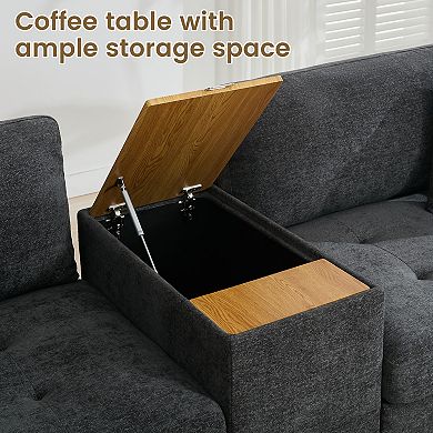 Chenille Sectional Sofa with Movable Console Table, Removable Cushions & Throw Pillows