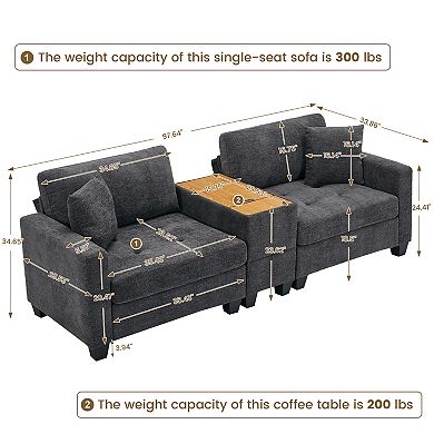Chenille Sectional Sofa with Movable Console Table, Removable Cushions & Throw Pillows