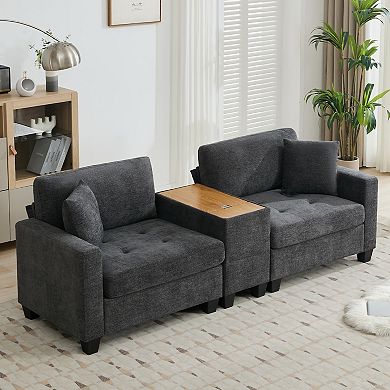 Chenille Sectional Sofa with Movable Console Table, Removable Cushions & Throw Pillows