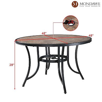 Mondawe Patio Round Aluminum Outdoor Dining Table Ceramic Tile Top Accent Table with Umbrella Hole