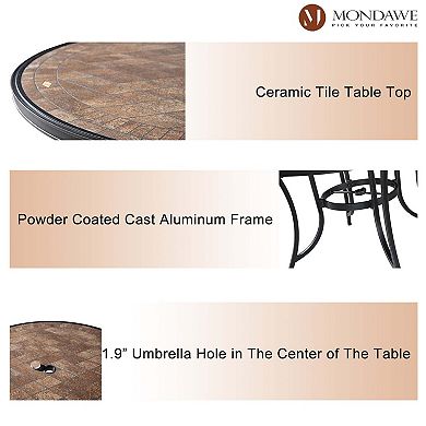Mondawe Patio Round Aluminum Outdoor Dining Table Ceramic Tile Top Accent Table with Umbrella Hole