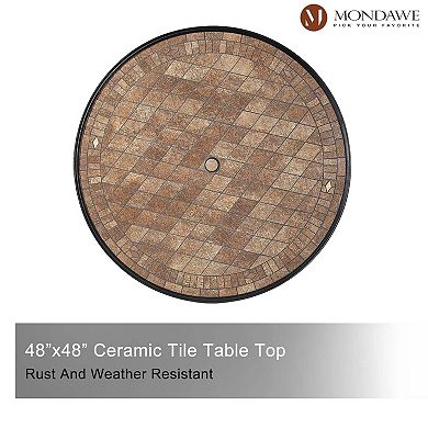 Mondawe Patio Round Aluminum Outdoor Dining Table Ceramic Tile Top Accent Table with Umbrella Hole