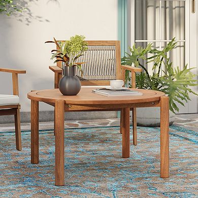 LuxenHome Natural Wooden Outdoor Coffee Table, Round Solid Wood Patio Table