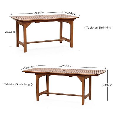 LuxenHome Natural Solid Wood 60"-78" Extending Rounded Rectangle Outdoor Dining Table