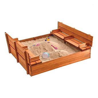 Wooden Kids Sandbox with Lid, Cover, Foldable Bench Seats, Bottom Liner Large Outdoor Sand Box