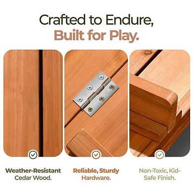 Wooden Kids Sandbox with Lid, Cover, Foldable Bench Seats, Bottom Liner Large Outdoor Sand Box